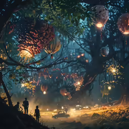 a painting of several people in the woods with lanterns