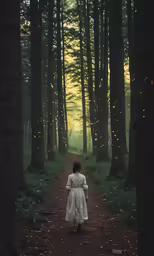 woman in white dress walking through the forest