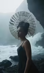 woman holding parasol standing next to a body of water