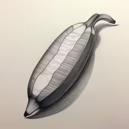 a pencil drawing of an object in the shape of a boat,black and white drawing of a leaf,a drawing of a single plant with two leaves,a drawing of a pea pod with leaf structure on it,a drawing of a long leaf with the bottom half showing