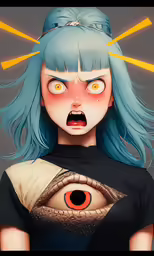 a girl with long blue hair is wearing red eyeballs and has yellow arrows above her head