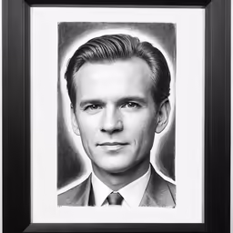 a framed portrait of a man wearing a suit and tie