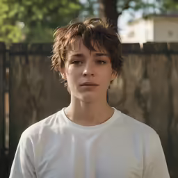 a boy standing in the sun wearing a white t - shirt