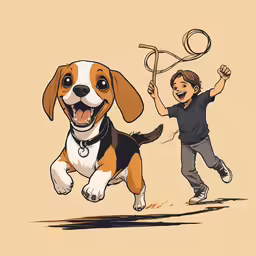 a boy and his dog running and playing with their tennis rackets