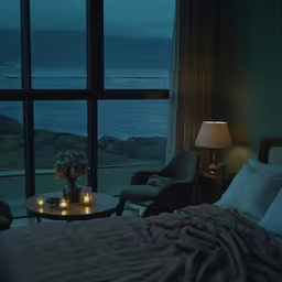 the room has a big window that looks out to the ocean
