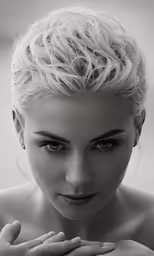black and white photograph of a woman with blond hair