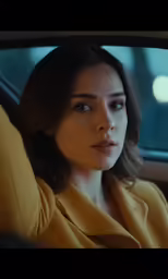 a woman with dark hair sitting in a car