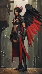 the girl with huge red wings is posing for the camera