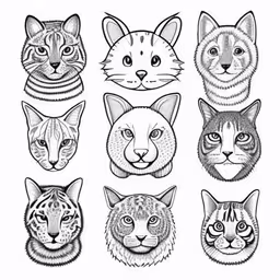 a group of cats drawn in pen on paper,eight cats in different colors and sizes,some animals that are in different angles,six different heads of cats sitting on top of each other,nine heads of cats with different facial expressions