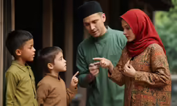an image of a man pointing out a hand to two children
