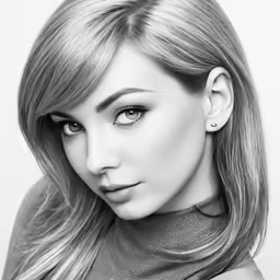 a beautiful blond woman wearing a turtleneck shirt and ear piercings