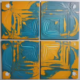 three yellow and blue paintings hanging on a wall,four paintings are on the wall, each painted yellow and blue