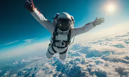 an astronaut floating in the sky holding onto his hand and wearing protective gear