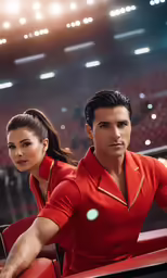 a man and woman are in red on a stage