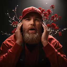 a man with a beard wearing a hat talking on a phone