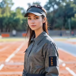 a woman in uniform standing by an empty field