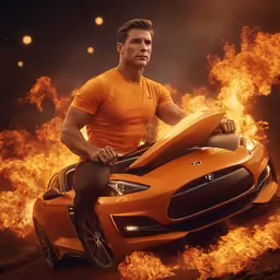 a young man riding on top of an orange sports car