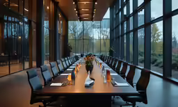 there is a conference table with chairs and a vase of flowers