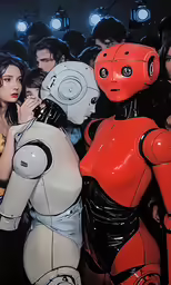 several robots stand in the middle of a crowded room