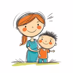 a woman with red hair standing next to a boy
