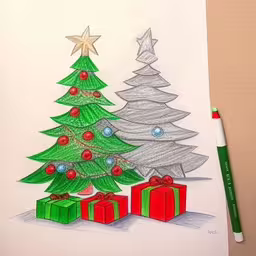 this christmas drawing shows a tree with gifts under it,an easy step by step drawing christmas tree and presents,a drawing of a christmas tree with presents under it,a drawing of a christmas tree with presents,pencil drawing of christmas tree with gift boxes