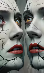 two womans with makeup, branches on their faces and mouths are shown