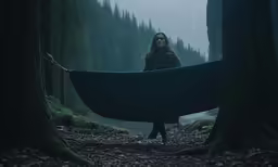 woman stands in the middle of a forest holding a blanket