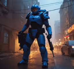 a person in a blue suit standing in the street with a gun,a futuristic police person standing in the middle of the street