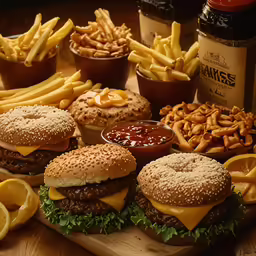 several hamburgers, french fries, ketchup, and other things are arranged around the image
