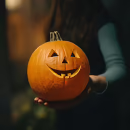 someone is holding a carved halloween pumpkin
