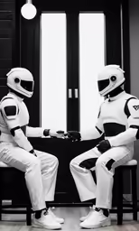 a couple of people in costumes sitting on top of a chair