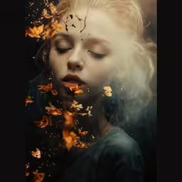 a girl with eyes closed standing in a field of leaves