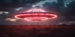 an alien spaceship floating on the sky in a field