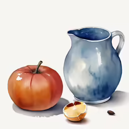 one big and one small apple, near a large white pitcher