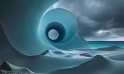 a surreally designed artwork depicting two circular white circles