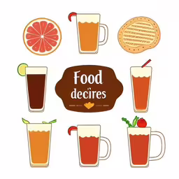 a variety of drinks with the words food & decor,various types of beer are shown in the circle,various different drinks arranged in the form of circle,a collection of food and drinks for an assortment,a food and drink logo in various kinds of drinks