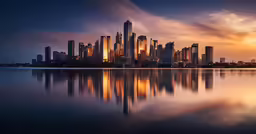 a city is reflecting the beautiful sun with its clouds