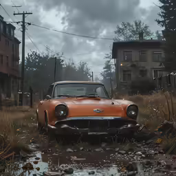 an old car parked in a lot with water puddles