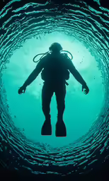 man silhouetted in a tunnel with bubbles from water