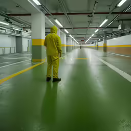 a person in a yellow suit is walking on the floor