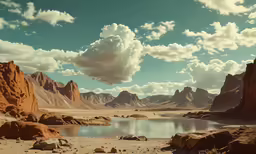 the clouds are floating over the mountains near water