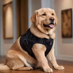a tan labrador retriever is wearing a vest