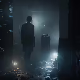 the silhouette of a man standing on a dark street