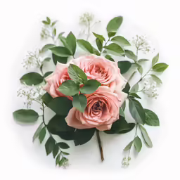 pink roses, greenery, and leaves lay flat on a white surface