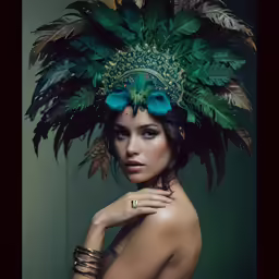 a woman is posing in a feathered hat