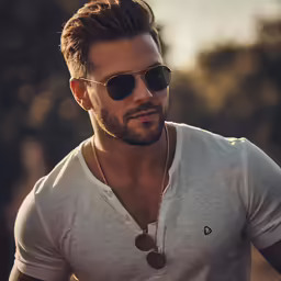 a man wearing glasses is looking off to the side