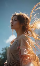 woman in white shirt with long hair coming from her back