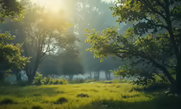 a grassy field is lit by the sun through some trees