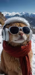 a dog wearing headphones, glasses and a scarf