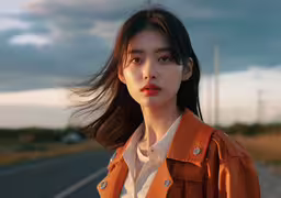 a young woman with dark hair posing in front of the camera on a rural road,an attractive young woman standing on the side of a road